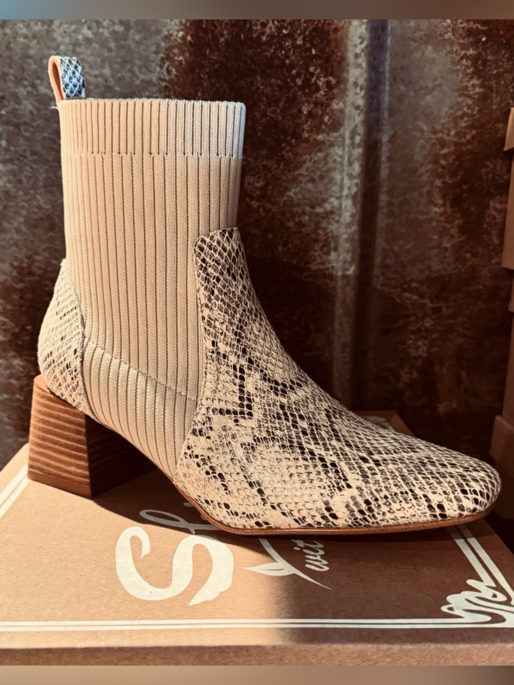 Beige Snake-Print Knit Shaft Ankle Booties